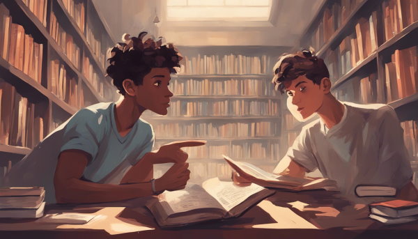 دو دانش آموز در حال درس خواندن در کتابخانه 