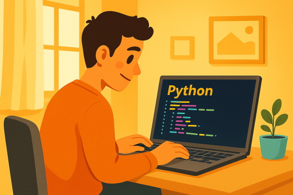 نوجوان شادی که درحال کار با لپتاپ خویش است. کلمه پایتون بر روی لپتاپ نوشته شده است.