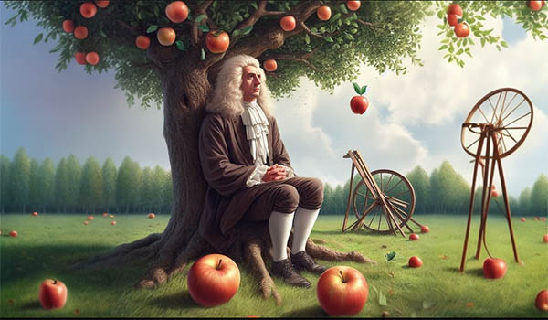 نیوتن زیر درخت سیب نشسته بود که ناگهان با افتادن سیب قانون جاذبه را کشف کرد