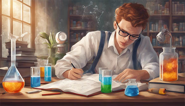 دانش آموزی در حال مطالعه شیمی است