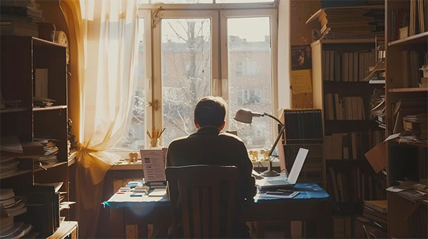 دانش آموزی در اتاق خود روبروی پنجره نشسته است و درس می خواند
