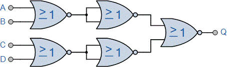 اتصال آبشاری گیت‌های NOR دو ورودی برای تشکیل گیت NOR چهار ورودی