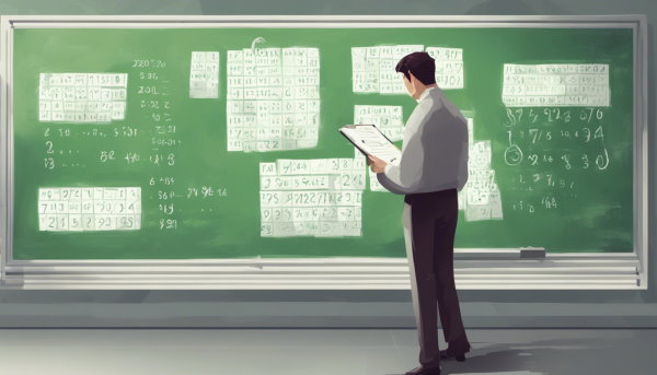 یک معلم با یک کاغذ در دست جلوی تخته ای پر از عدد (تصویر تزئینی مطلب رابطه بازگشتی)