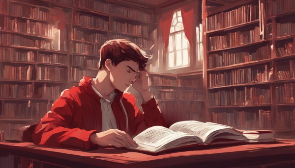 یک نوجوان نشسته در کتابخانه در حال خواندن کتاب و فکر کردن