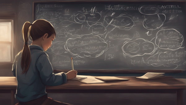تصویر گرافیکی یک کودک دبستانی پشت میز کلاس در حال نوشتن در دفتر (تصویر تزئینی مطلب اعداد صحیح)