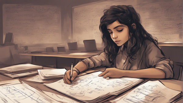 تصویر گرافیکی یک دانش آموز دختر نشسته پشت میز در حال نوشتن (تصویر تزئینی مطلب لگاریتم و خصوصیات آن)