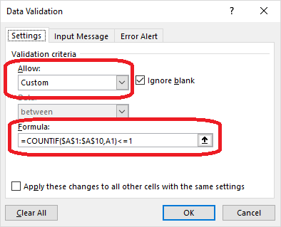 data validation dialog box