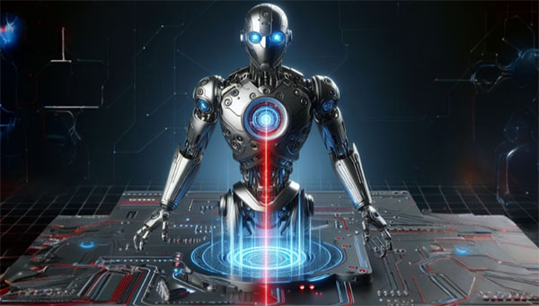 کاربرد الکترونیک در طراحی رباتیک - تصویری شماتیک از رباتی که روی مدار الکتریکی ایستاده است