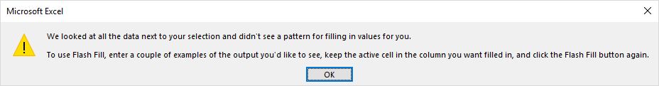 Flash Fill error dialog