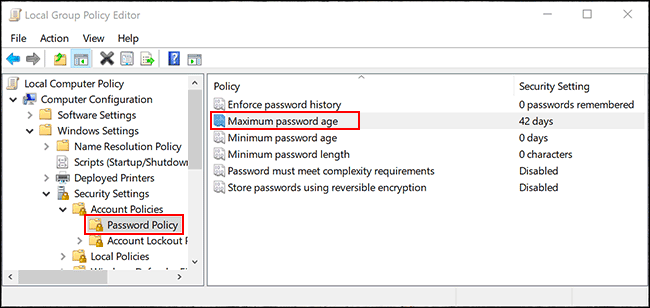 تاریخ انقضا برای رمز عبور ویندوز 10