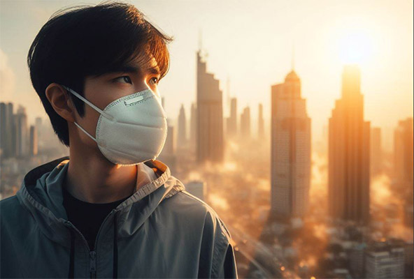 شخصی به دلیل آلودگی هوا ماسک زده است