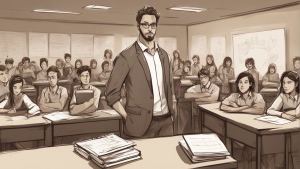 یک کلاس درس با دانش آموزان نشسته و معلم ایستاده پشت به دانش آموزان