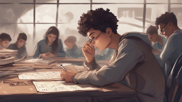یک دانش آموز نشسته پشت یک میز در کلاس در حال فکر کردن (تصویر تزئینی مطلب نمونه سوال اتحاد)