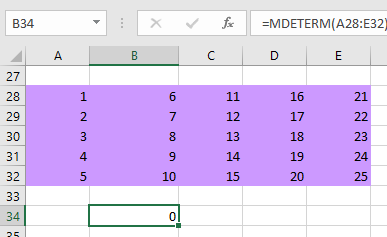 MDETER function of a matrix in excel