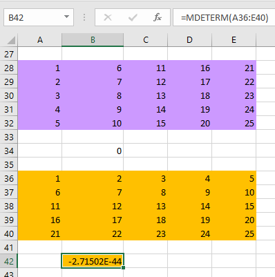 MDETER function of the transposed matrix in excel
