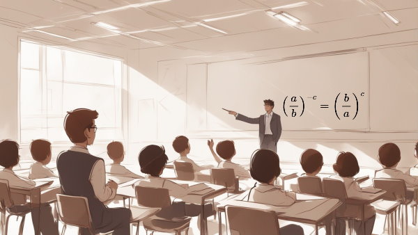 تصویر گرافیکی یک کلاس درس و معلم در حال اشاره به یکی از دانش آموزان (تصویر تزئینی مطلب اعداد با توان منفی)