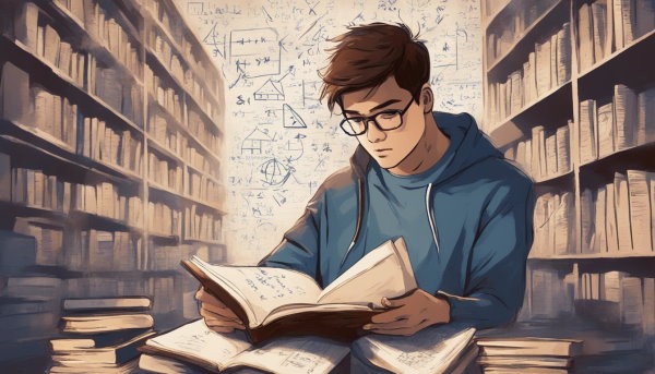 یک پسر جوان در حال کتاب خواندن، قفسه کتاب در پس زمینه (تصویر تزئینی مطلب کوواریانس و نحوه محاسبه آن)