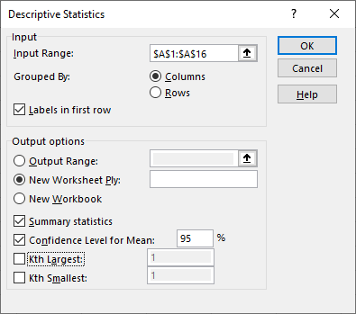 descriptive statistics window in excel