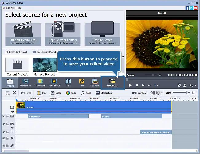 دکمه Produce در AVS Video Editor