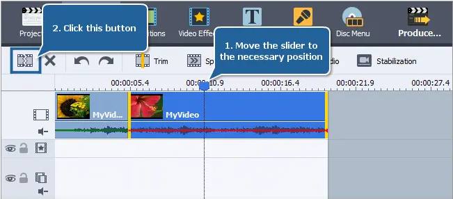 استفاده از دکمه Split در AVS Video Editor