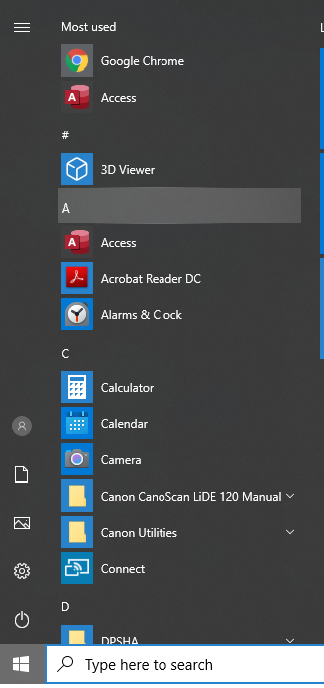 access in start menu