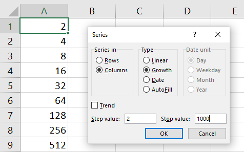 series dialog in excel