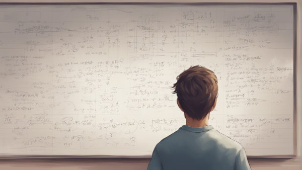 یک پسر ایستاده مقابل تخته ای پر از معادلات ریاضی (تصویر تزئینی مطلب مشتق رادیکال)