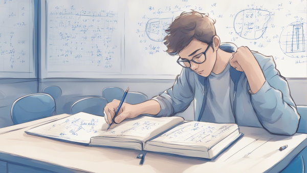 دانش آموز عینکی نشسته پشت میز در حال نوشتن، پس زمینه معادلات ریاضی روی تخته