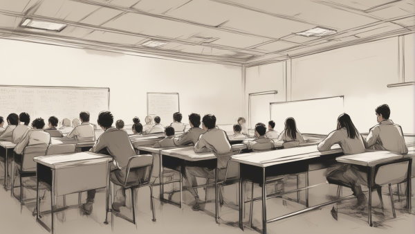 یک کلاس درس با دانش آموزان نشسته در حال نگاه کردن به تخته