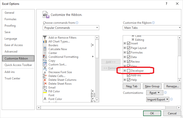 developer pane in excel