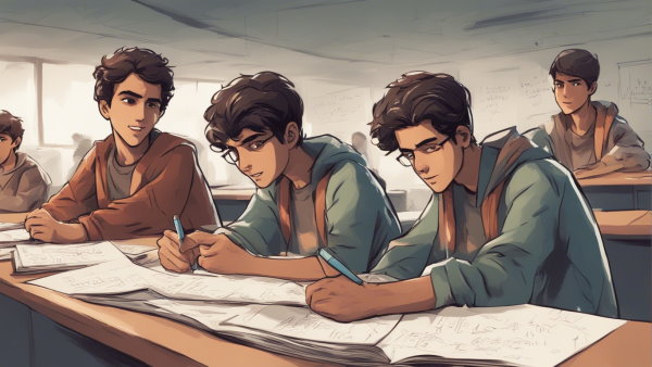 سه دانش آموز نشسته پشت میز در کلاس (تصویر تزئینی مطلب مشتق توابع مثلثاتی)