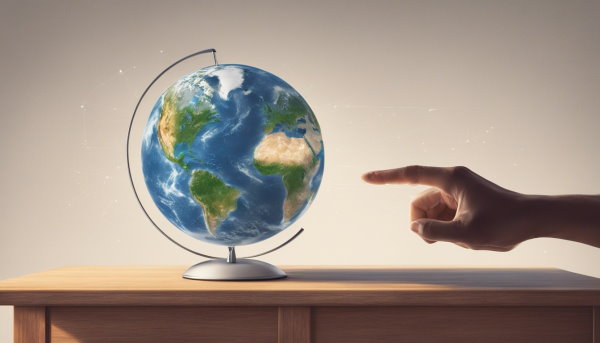 یک دست در حال اشاره به یک مدل کره زمین بر روی میز (تصویر تزئینی مطلب رشته جغرافیا)
