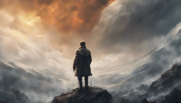 یک مرد ایستاده روی سنگ در مقابل طوفان دریا
