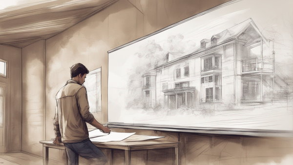 تصویر گرافیکی یک مرد در مقابل تخته با طراحی خارجی یک خانه بر روی آن (تصویر تزئینی مطلب رشته معماری داخلی)