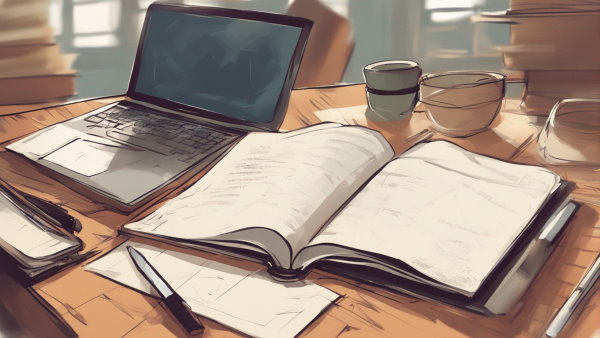 تصویر گرافیکی روی یک میز به همراه لپ تاپ، دفتر، قلم، لیوان و غیره