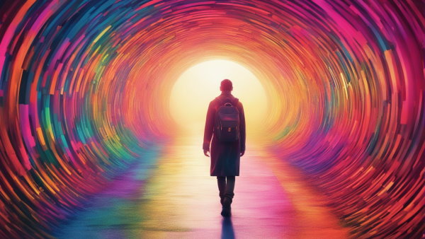 تصویر گرافیکییک فرد در حال خروج از یک تونل رنگی و حرکت به سمت نور (تصویر تزئینی مطلب رشته معماری داخلی)