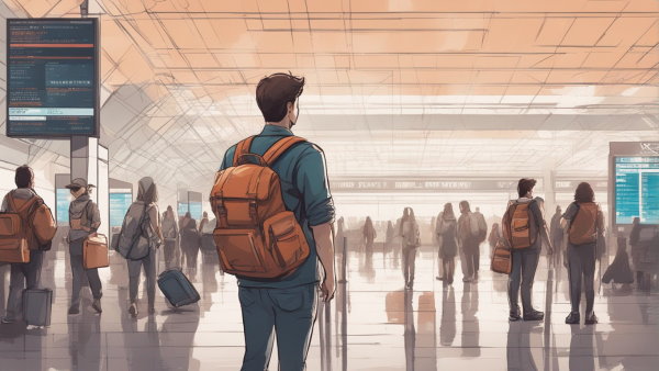 تصویر گرافیکی یک شخص جوان با کوله پشتی ایستاده در سالن فرودگاه