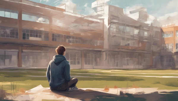 یک پسر نشسته در محوطه سبز دانشگاه