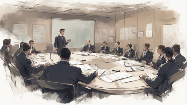 یک جلسه مدیریتی در یک اتاق و فردی ایستاده در حال صحبت برای دیگران (تصویر تزئینی مطلب رشته مدیریت دولتی) 