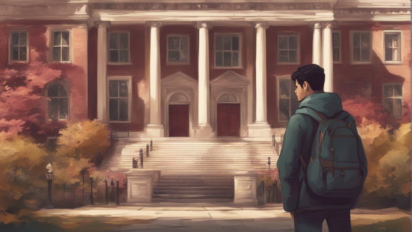 یک دانشجو ایستاده در مقابل ساختمان دانشگاه هاروارد