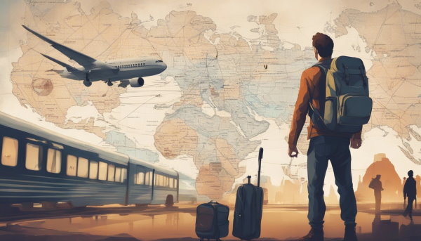 یک مرد با کوله پشتی و چمدان در مقابل نقشه بزرگ زمین، هواپیما و قطار (تصویر تزئینی مطلب رشته گردشگری)