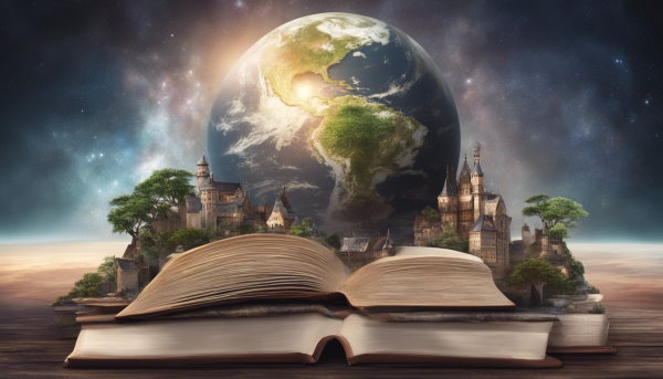 چند کتاب باز با چند درخت و ساختمان در حال بیرون آمدن از صفحات، کره زمین در پس زمینه
