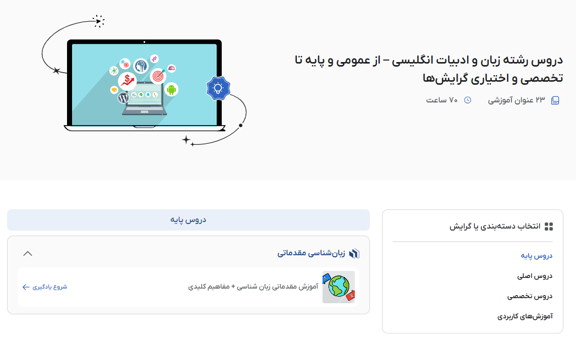 دروس رشته زبان و ادبیات انگلیسی از عمومی و پایه تا تخصصی و اختیاری گرایش‌ه