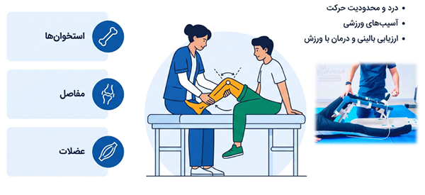فیزیوتراپیست در حال معاینه و بازآموزی حرکتی مفصل زانو و عضلات بیمار