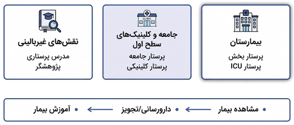 محیط‌های کاری پرستاری شامل بیمارستان، مراکز جامعه و نقش‌های آموزشی و پژوهشی