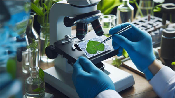 محققی در حال کار با برگ گیاه در آزمایشگاه تحقیقاتی زیست شناسی گیاهی