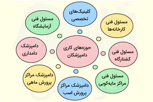 تعدادی از حوزه های کاری که دامپزشکان می توانند در آن ها مشغول به کار شوند.