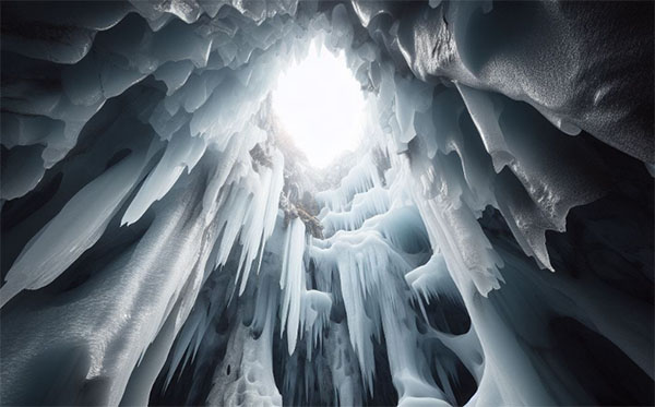 تکه های یخ آویزان از سقف غار و تابش نور خورشید بر آن ها