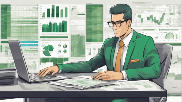 یک مرد عینکی با کت و شلوار نشسته پشت یک میز با لپ تاپ و پس زمینه گزارش های مالی (تصویر تزئینی مطلب حسابداری با اکسل)