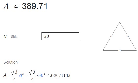 مثال ماشین حساب گوگل برای محاسبه آنلاین مساحت مثلث متساوی الاضلاع